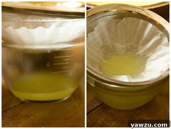 First filtration of Limoncello using a sieve and coffee filter