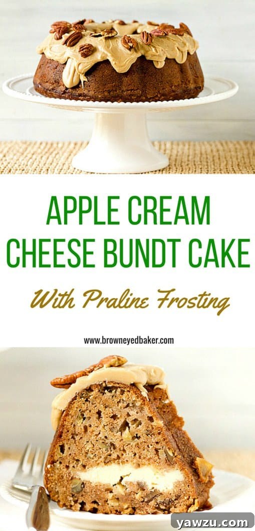 Delicious Apple Spice Cream Cheese Bundt Cake with Praline Frosting and Pecans, perfect for fall celebrations