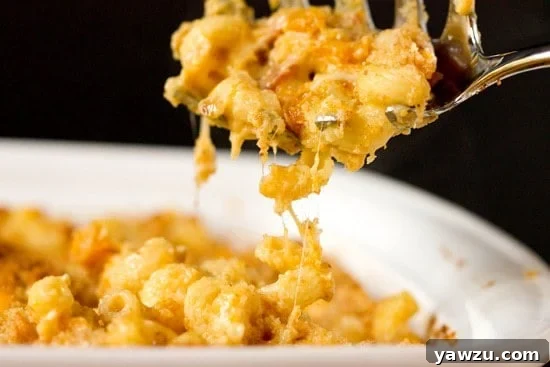 A large portion of Butternut Squash and Bacon Mac n' Cheese in a white serving bowl.