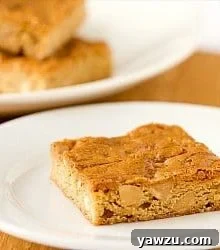 Peanut butter blondie on a white plate.
