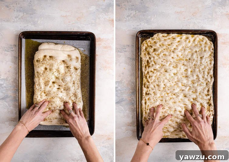 Side by side photos of hands putting dimples into a lined baking sheet.