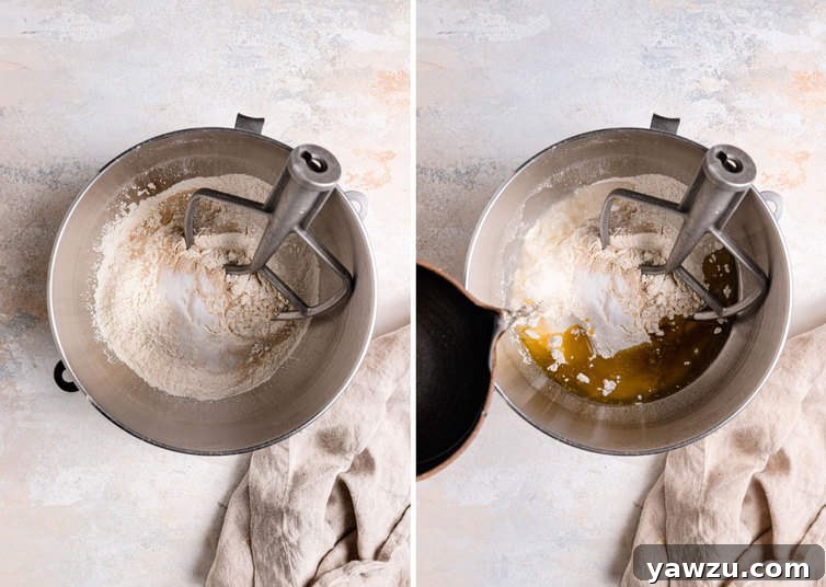 Two side by side photos of mixing the focaccia dough with a paddle attachment.