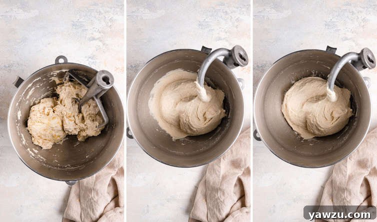 Three side by side photos of mixing the focaccia dough with a dough hook.