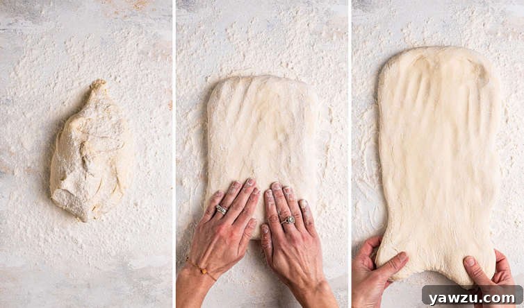 Three side by side photos of how to stretch out focaccia dough.
