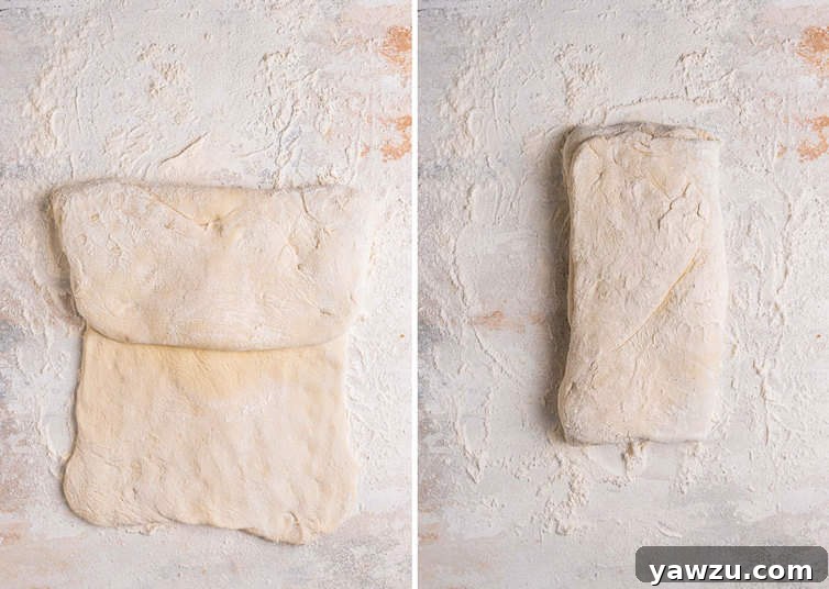 Side by side picture of how to fold the focaccia dough.
