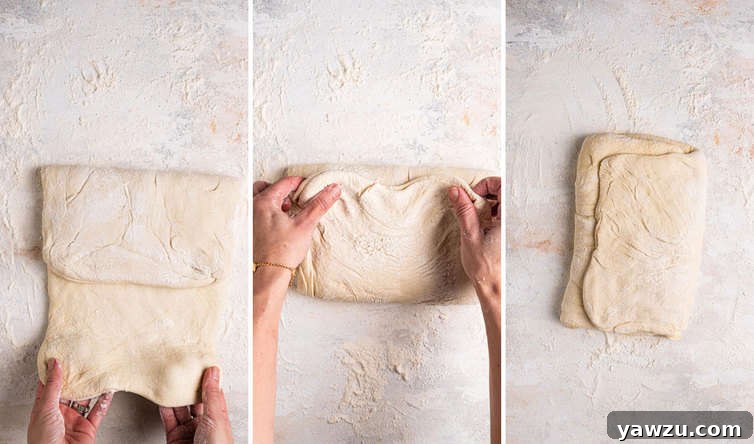 Three side by side photos of hands folding dough into a tri-fold.