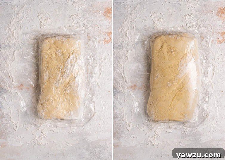 Dough wrapped in plastic wrap on the left and dough double in size on the right.