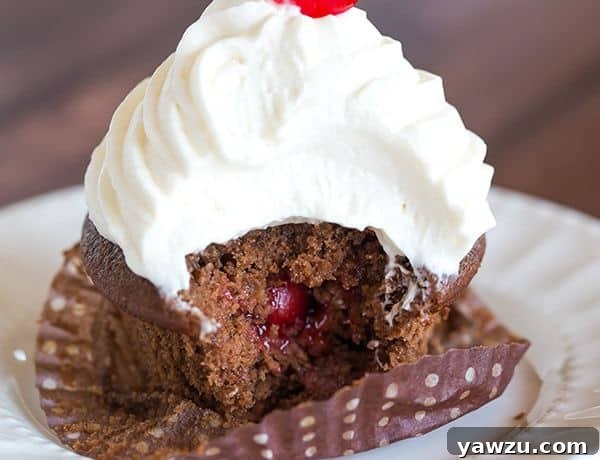 Cherry Coke Float Cupcakes - Chocolate cupcakes made with Coca-Cola, filled with cherries, topped with a Coca-Cola glaze, a whipped cream frosting and cherry on top!