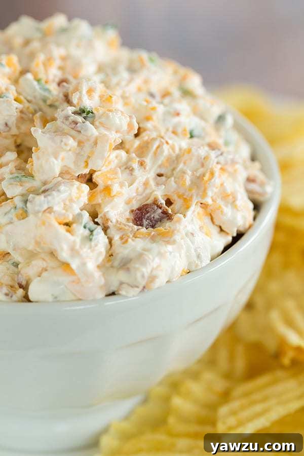 A beautifully garnished bowl of Loaded Baked Potato Dip, featuring a creamy texture topped with crispy bacon bits, shredded cheddar cheese, and fresh green onions, served with potato chips for dipping.