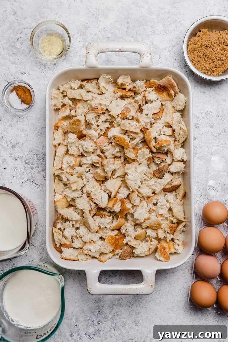 Ingredients for baked French toast recipe prepped on a kitchen counter.