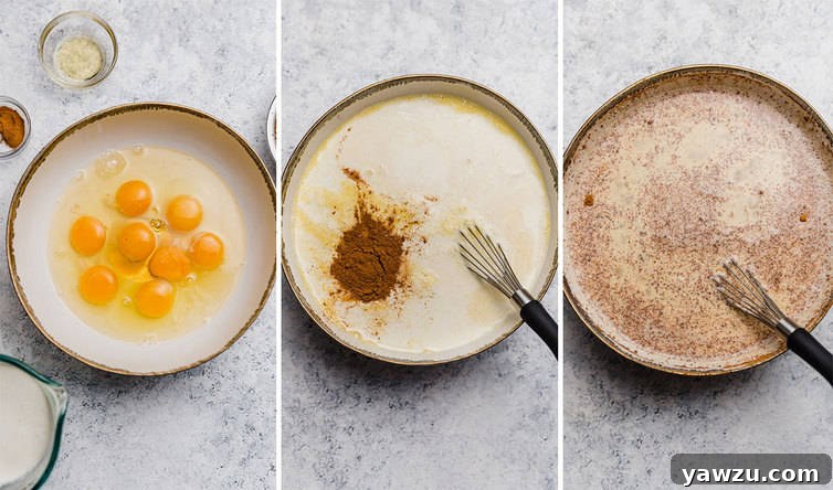 Step by step photos of whisking together French toast custard in a bowl.