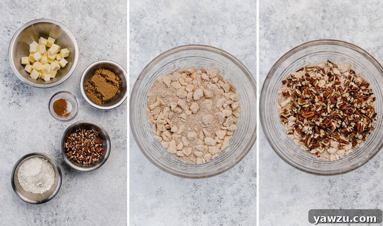 Step by step photos of mixing together a praline topping for French toast casserole.