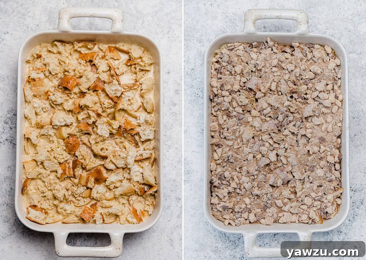 Assembled baked French toast with and without praline topping, ready to bake.