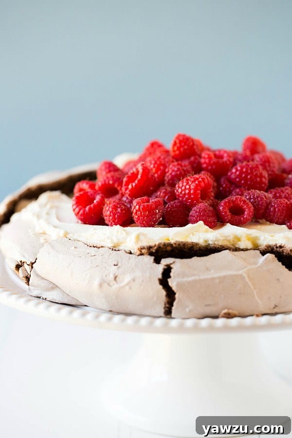 Chocolate Pavlova with Mascarpone Whipped Cream and Raspberries