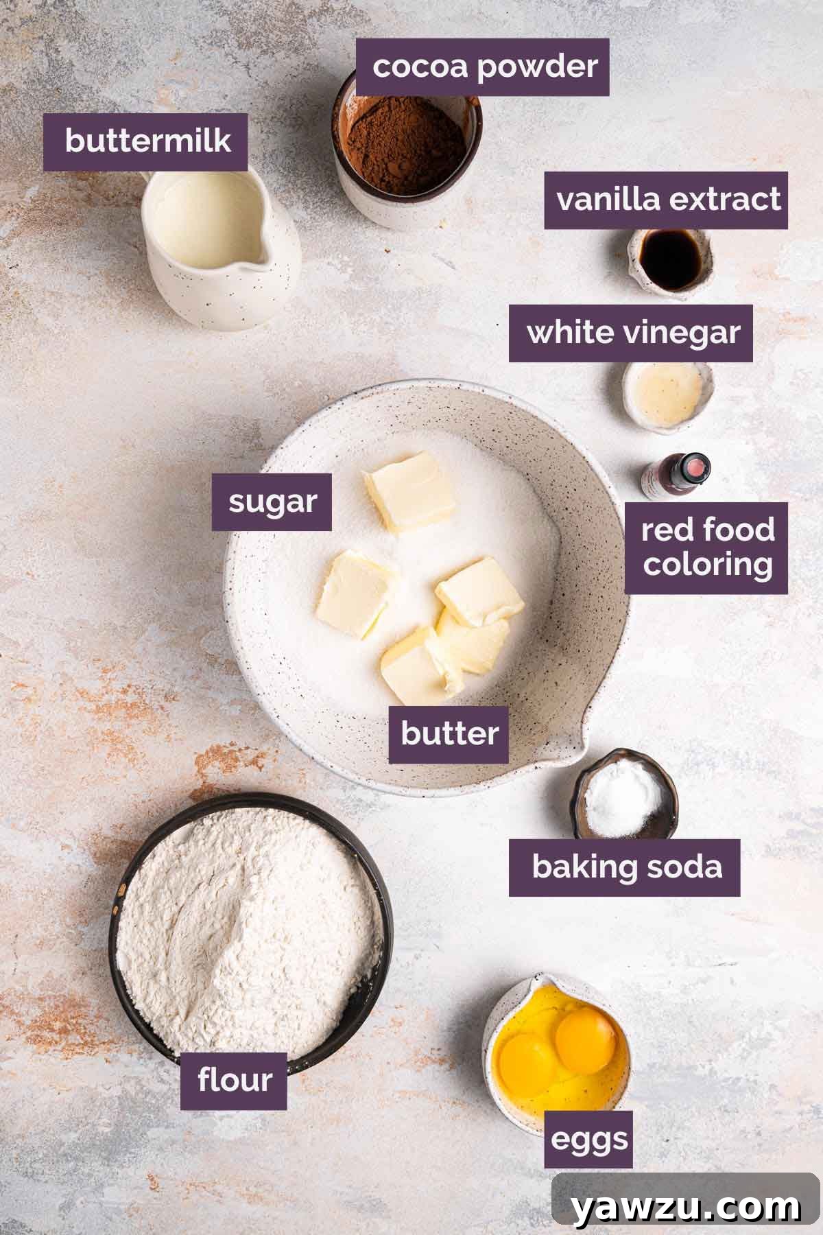 Ingredients for red velvet cake layers prepped and labeled.
