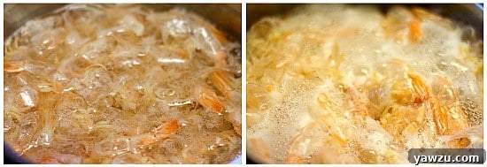 Shrimp shells simmering gently in a pot, creating a flavorful homemade broth