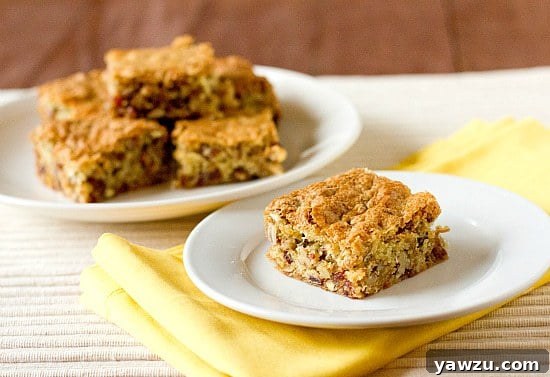 A single date bar slice presented elegantly on a white plate, highlighting its dense, chewy texture and visible pecan pieces.