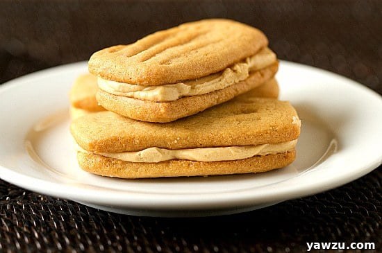 Close-up of crispy peanut butter sandwich cookies with rich filling