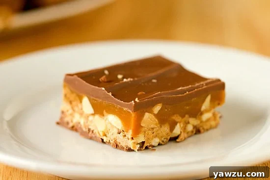 A close-up of the homemade Snickers layers: bottom chocolate, fluffy nougat with peanuts, gooey caramel, and a smooth top chocolate coating.