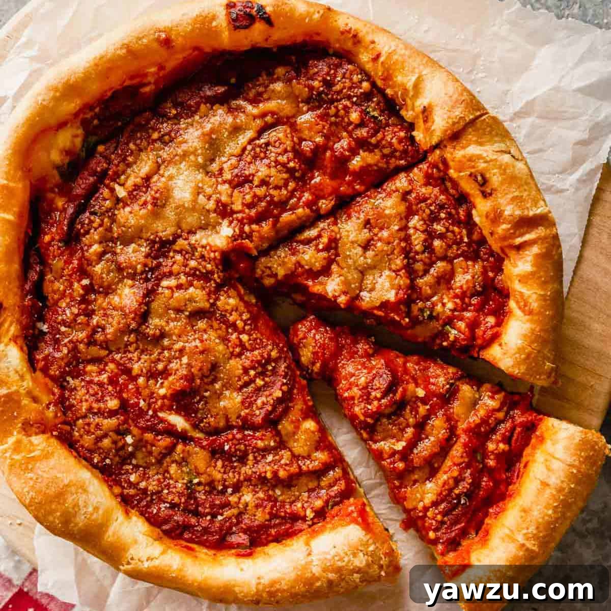 A close up of a deep-dish pizza with two slices cut out on a piece of parchment paper.
