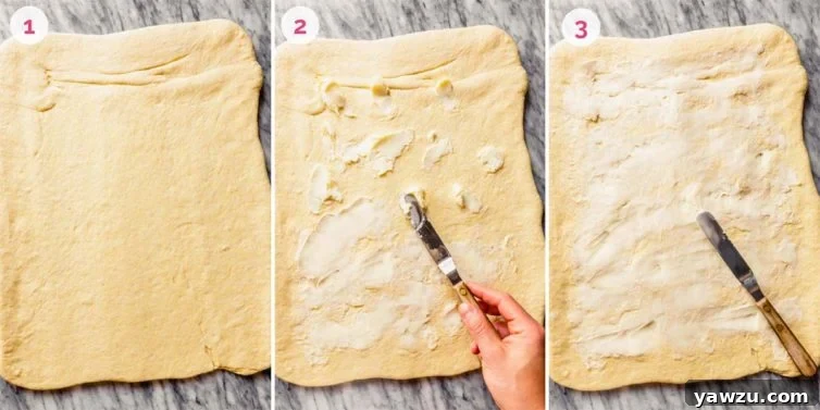 Three sequential images showing the dough lamination process: left shows rolled-out dough, middle shows butter being spread onto the dough, and right shows the dough fully covered in butter, ready for rolling.