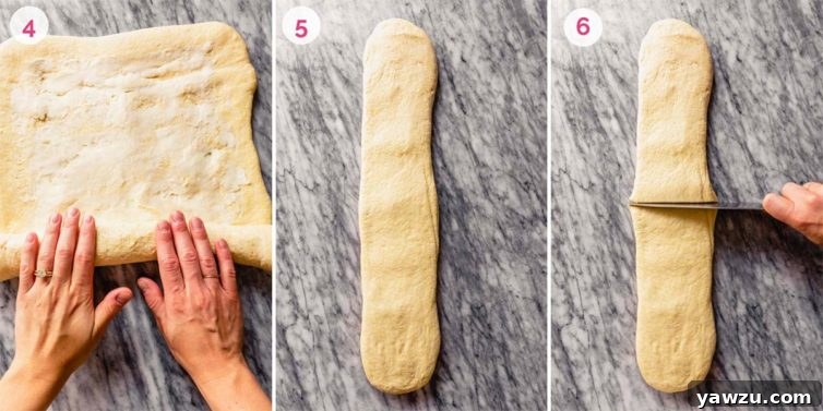Three sequential images illustrating dough preparation: left shows hands rolling the dough, middle shows the dough shaped into a log, and right shows a hand cutting the dough in half.