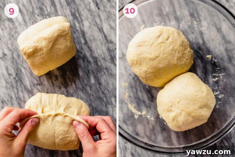 Two images side-by-side. The left image shows a close-up of hands pinching the seams of dough together to form a smooth ball. The right image displays a glass bowl where dough balls are rising, covered with plastic wrap.