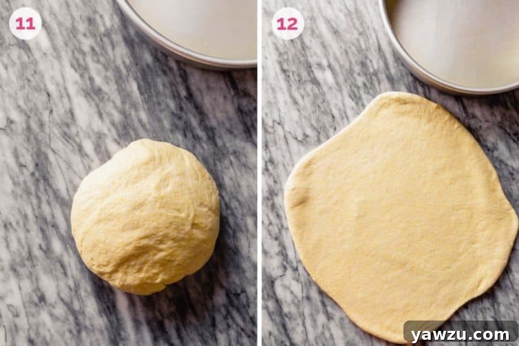 Two images illustrating dough preparation: left shows a risen dough ball, and right shows the dough rolled out into a perfect 13-inch circle, ready for the pan.