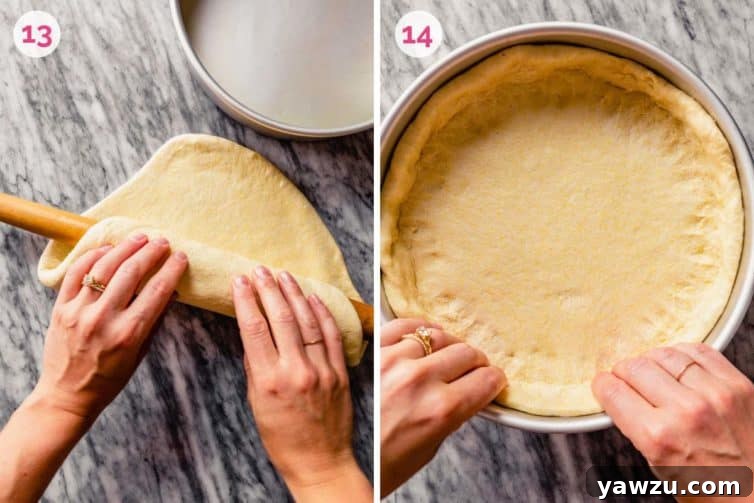 Two sequential images showing dough handling: left depicts two hands gently rolling dough loosely onto a rolling pin, while the right shows two hands carefully pressing the dough into a baking dish, forming the crust.