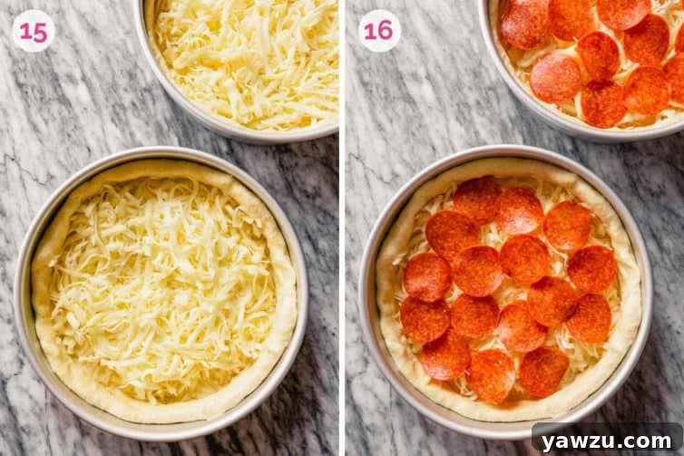 Two images of deep-dish pizzas in preparation: the left shows the dough layered with cheese, and the right shows the pizza fully topped with pepperoni slices over the cheese, before the sauce layer.