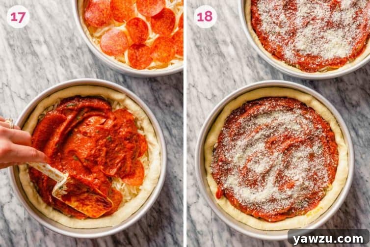 Two images showing the final assembly of a deep-dish pizza: the left shows a hand evenly spreading the chunky tomato sauce over the cheese and toppings, and the right presents a fully assembled Chicago-style deep-dish pizza in its pan, ready for baking.