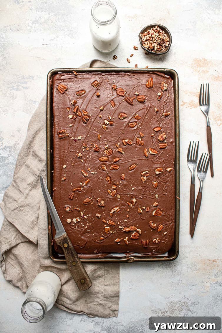 A large pan of delicious chocolate Texas sheet cake with pecans, ready to be served.