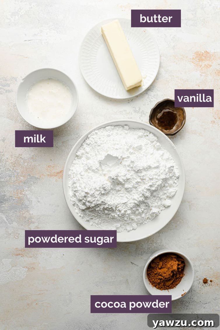 Ingredients for the rich and fudgy Texas sheet cake frosting, perfectly measured in bowls.