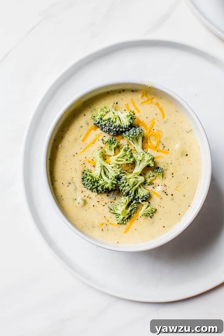 A single bowl of creamy broccoli cheese soup, topped with extra broccoli florets and a generous sprinkle of shredded cheese for garnish.