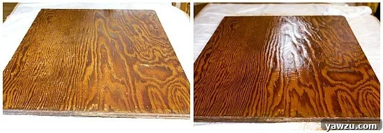 Before and After comparison of the dough board, showcasing the dramatic improvement in surface texture, cleanliness, and overall appearance after restoration