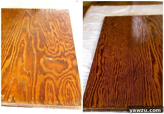 Detailed Before and After comparison of the dough board, highlighting the removal of deep imperfections, the rejuvenated wood grain, and the new lustrous finish