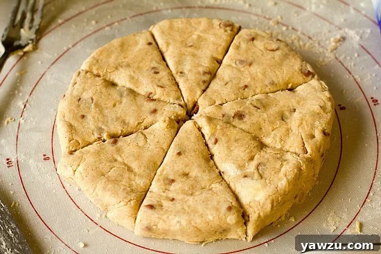 Cinnamon-sugar scone dough before baking, showing the incorporation of chips.