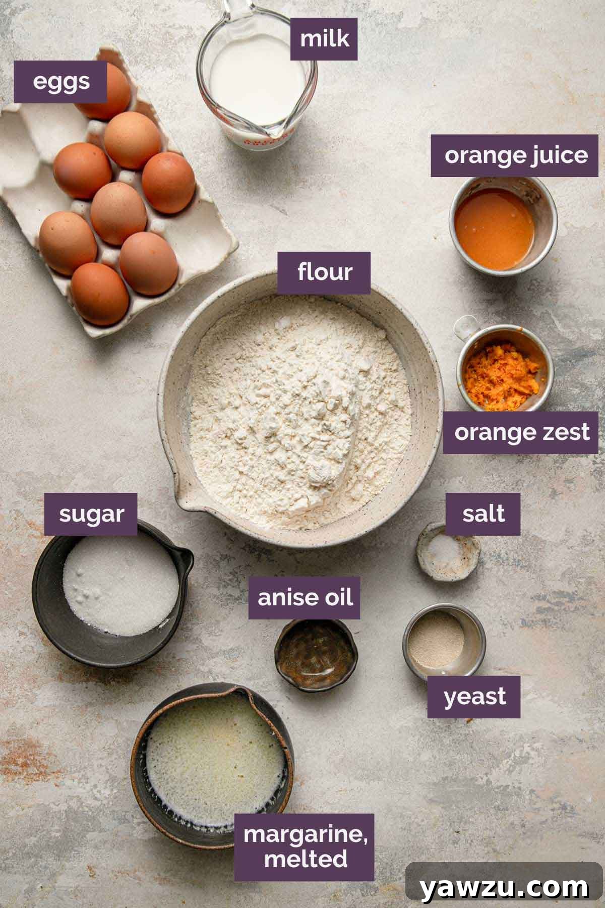 Overhead photo of ingredients for Italian Easter bread prepped and labeled.