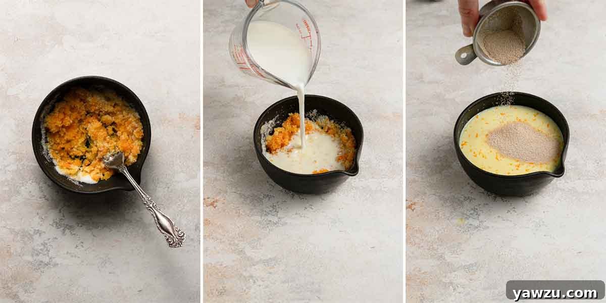 Mixing together orange zest, sugar, milk, and yeast for Italian Easter bread.