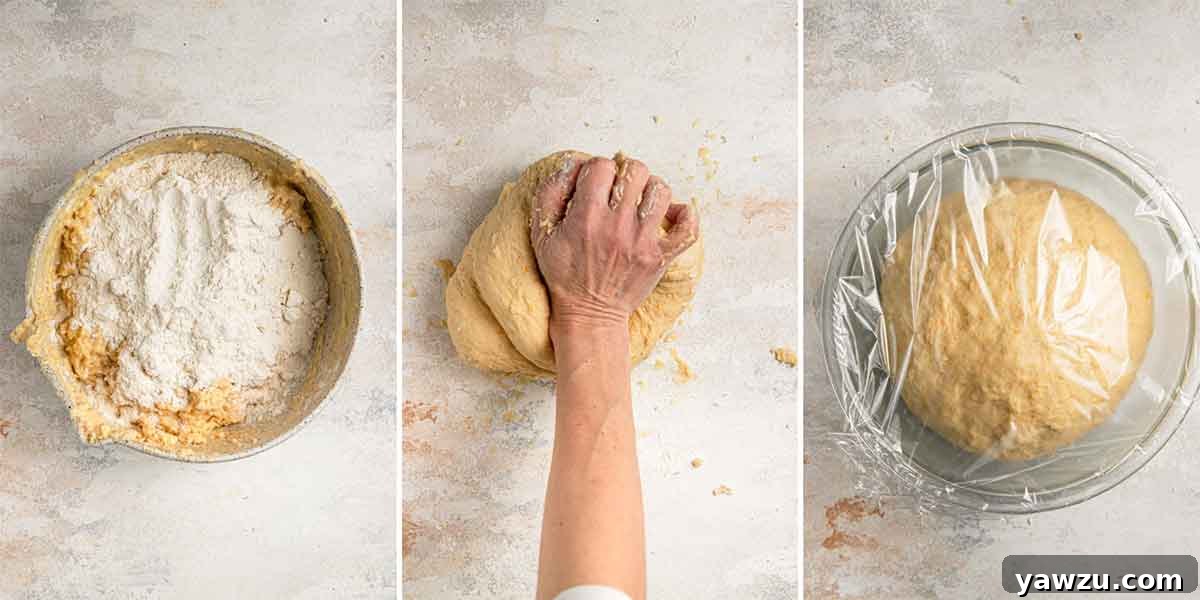 Side by side photos of dough for Italian Easter bread in a bowl, then being kneaded by hand, then in a bowl covered with plastic wrap.