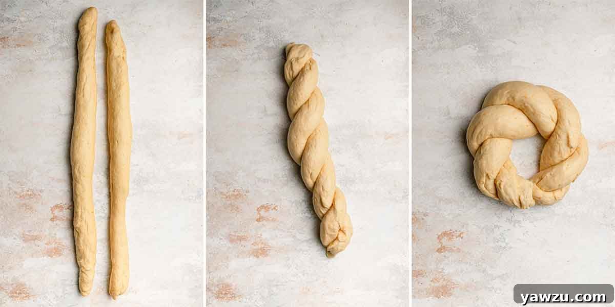 Instructional photos showing how to twist and braid the dough and shape it into a wreath.