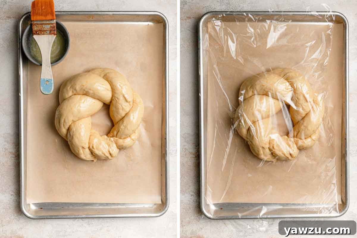 Photos of Italian Easter bread shaped and on a parchment-lined sheet after being brushed with butter and covered with plastic wrap.