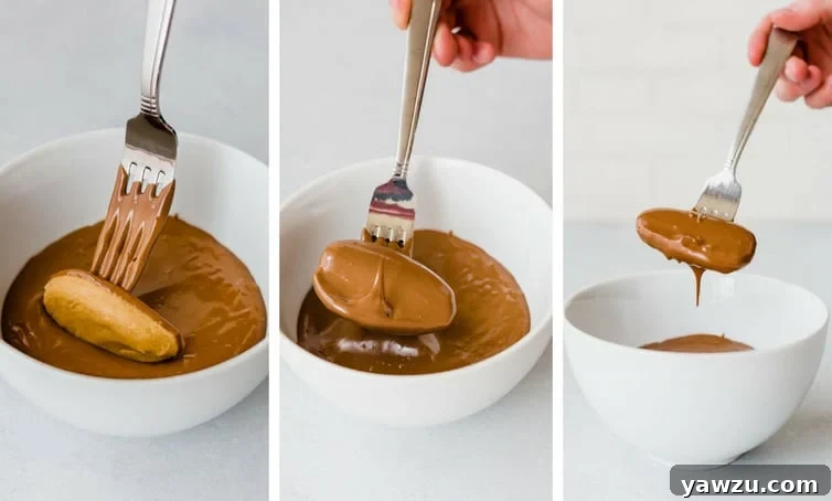 A four-panel collage illustrating the step-by-step process of dipping a peanut butter egg into melted chocolate, creating a perfect coating.