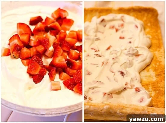 Close-up of the luscious strawberries and cream filling, ready for the angel food cake roll.
