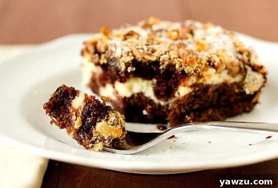 Close-up of a slice of the best chocolate, cream cheese, and walnut birthday cake, showing its moist layers.