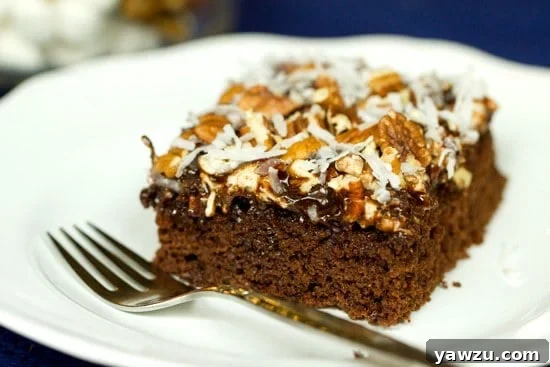 Close-up of a Mississippi Mud Cake slice with visible layers of marshmallow, glaze, pecans, and coconut