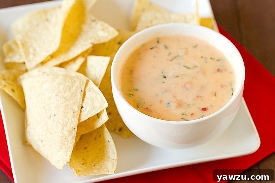 Bowl of Chile con Queso with garnishes