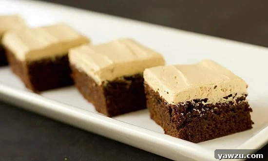A tray of freshly baked mocha brownies, cut into neat squares, showcasing their dense chocolatey interior and a generous layer of espresso frosting.