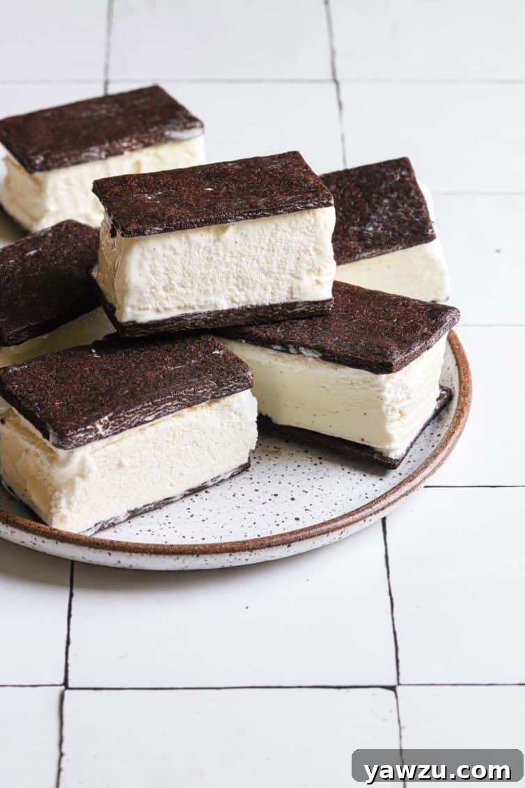 Homemade ice cream sandwiches on a white plate with a brown rim.