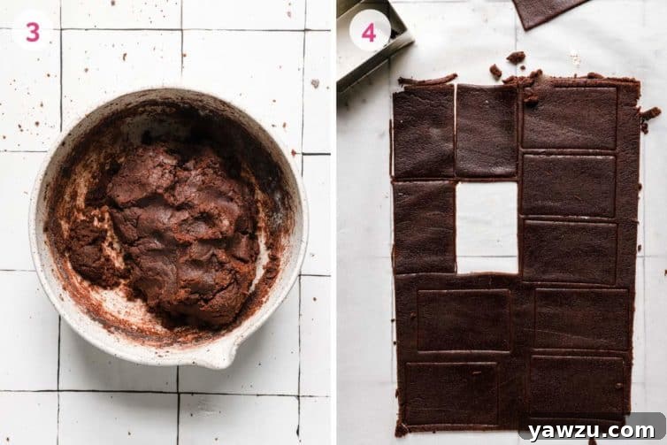 A bowl chocolate cookie dough on the left and rolled out chocolate cookie dough on the right.
